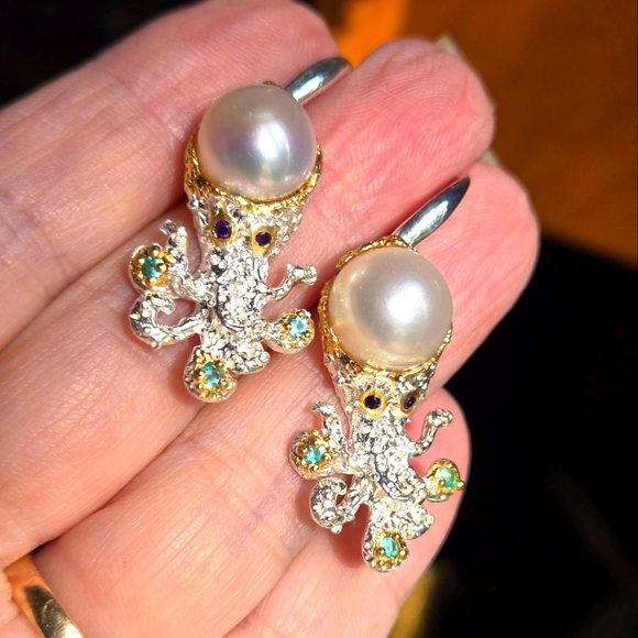 Natural Edge Kharma Collection by Avelon Jewelry - Pearl Amethyst & Topaz sterling & gold Octopus 🐙 earrings